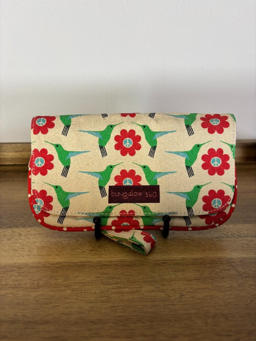 Bungalow 360 Tan Canvas Hummingbird Floral Peace Sign Wristlet